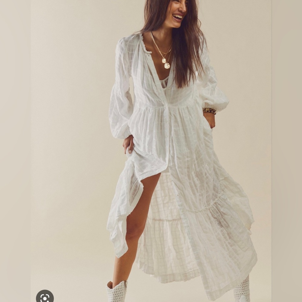 Free People Edie Maxi Dress Medium Ivory White Button Front Kimono XL